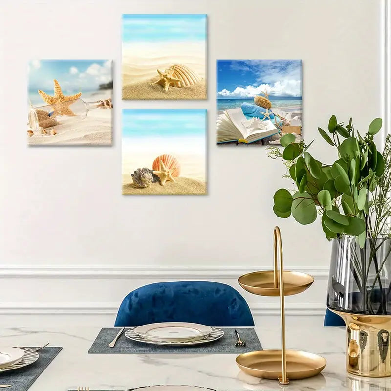 4pcs Beach Themed  Starfish & Seashell  Wall Art Canvas Framed