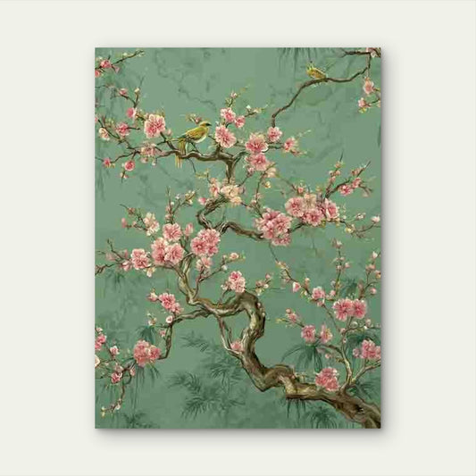 Sage Green Chinoiserie Art Sakura Floral Chinese 60x90cm Metal Print Ready to Hang - Bella Home Decor