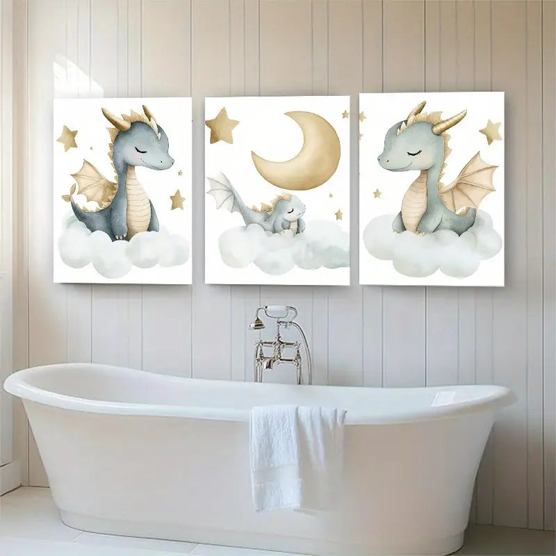 3pcs Dreamy Dragons with Soft Golden Stars and Moon Metal Print Ready to Hang Art
