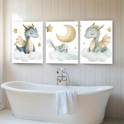 3pcs Dreamy Dragons with Soft Golden Stars and Moon Metal Print Ready to Hang Art