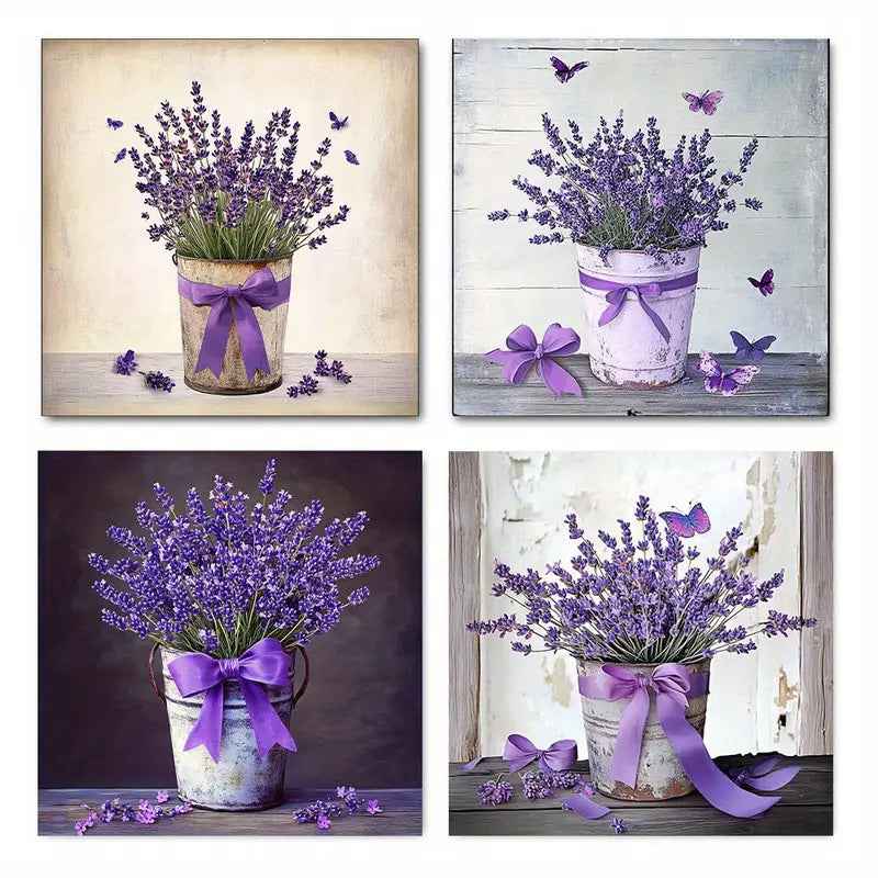 4pcs Lavender Purple Floral And Butterfly Wall Art Canvas Framed