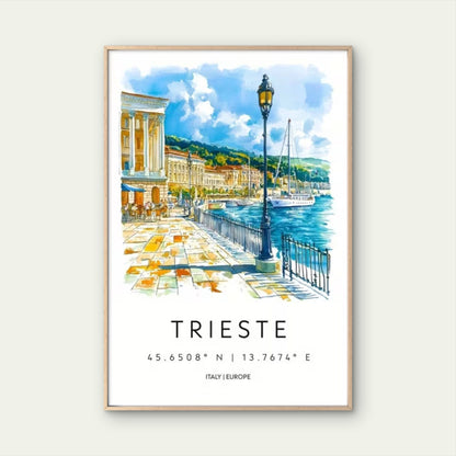 Trieste Italy Europe Watercolor Deco Travel Poster Print Wall Art