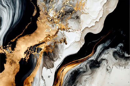 Black White & Gold Abstract Painting Glass Framed Wall Art, Ready to Hang Quality Print