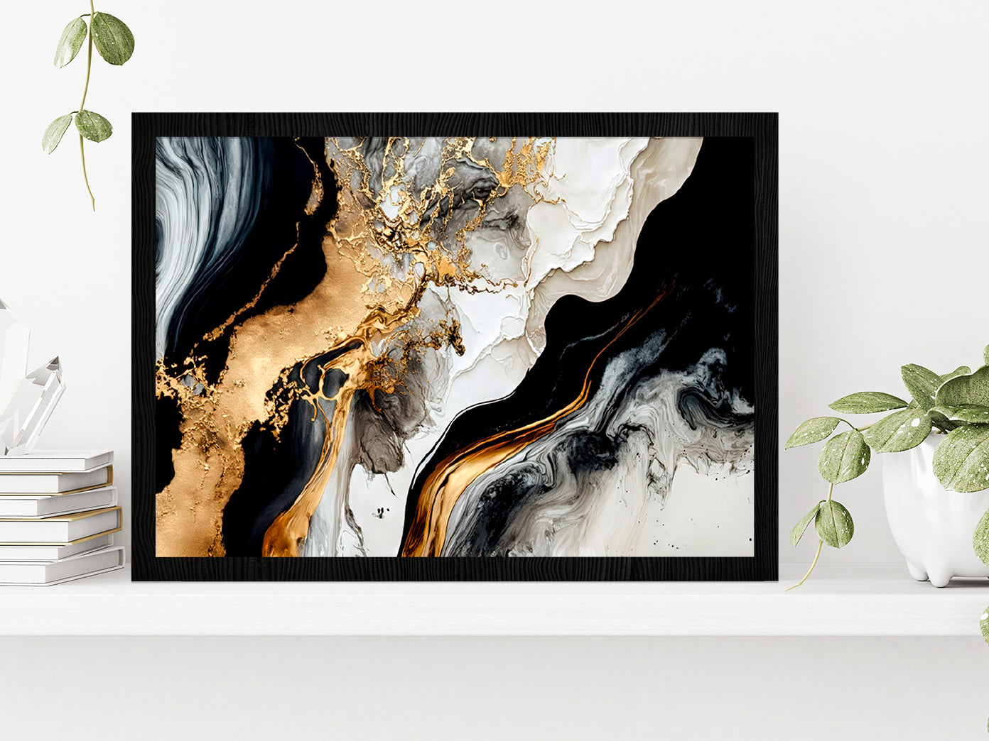 Black White & Gold Abstract Painting Glass Framed Wall Art, Ready to Hang Quality Print Without White Border Black