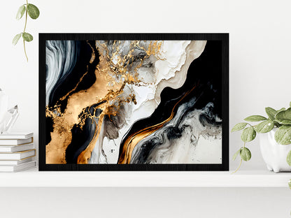 Black White & Gold Abstract Painting Glass Framed Wall Art, Ready to Hang Quality Print Without White Border Black