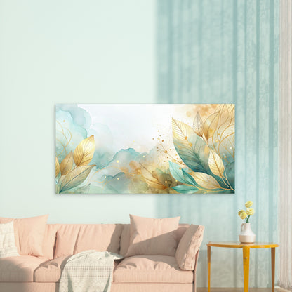 Sage Currents Golden Leaves Wall Art Canvas Office Home Room Framed 120x60cm
