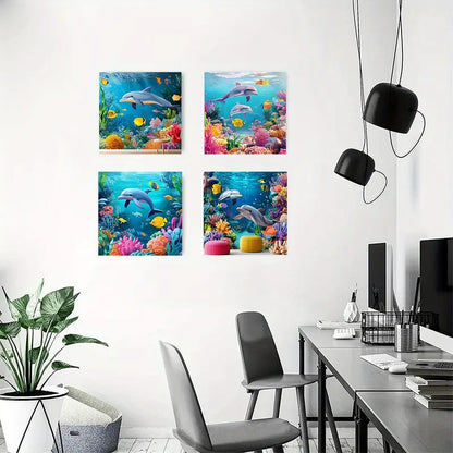 4pcs Featuring Coral Reefs, Sea Fish, and Turt   Wall Art Canvas Framed