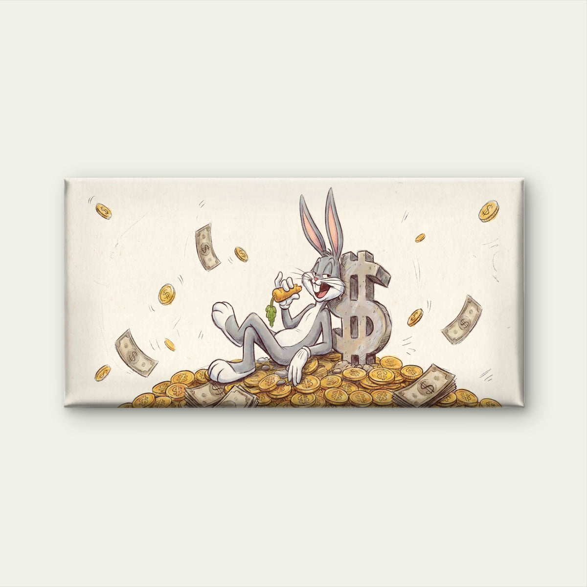 Golden Money Rabbit Sketch Wall Art Canvas Office Home Room Framed 120x60cm