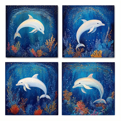 4pcs White Dolphin Surrounded Wall Art Canvas Framed
