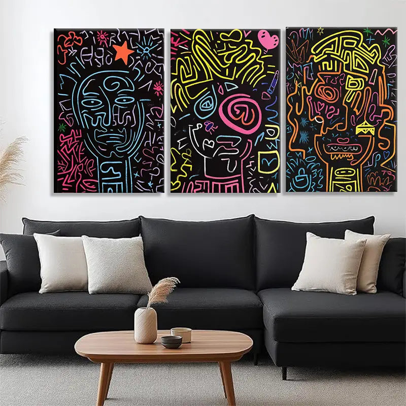 3pcs Neon Abstract Faces Colorful Line Graffiti Metal Print Ready to Hang Art