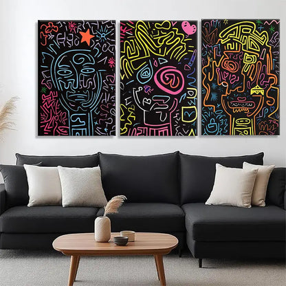 3pcs Neon Abstract Faces Colorful Line Graffiti Metal Print Ready to Hang Art