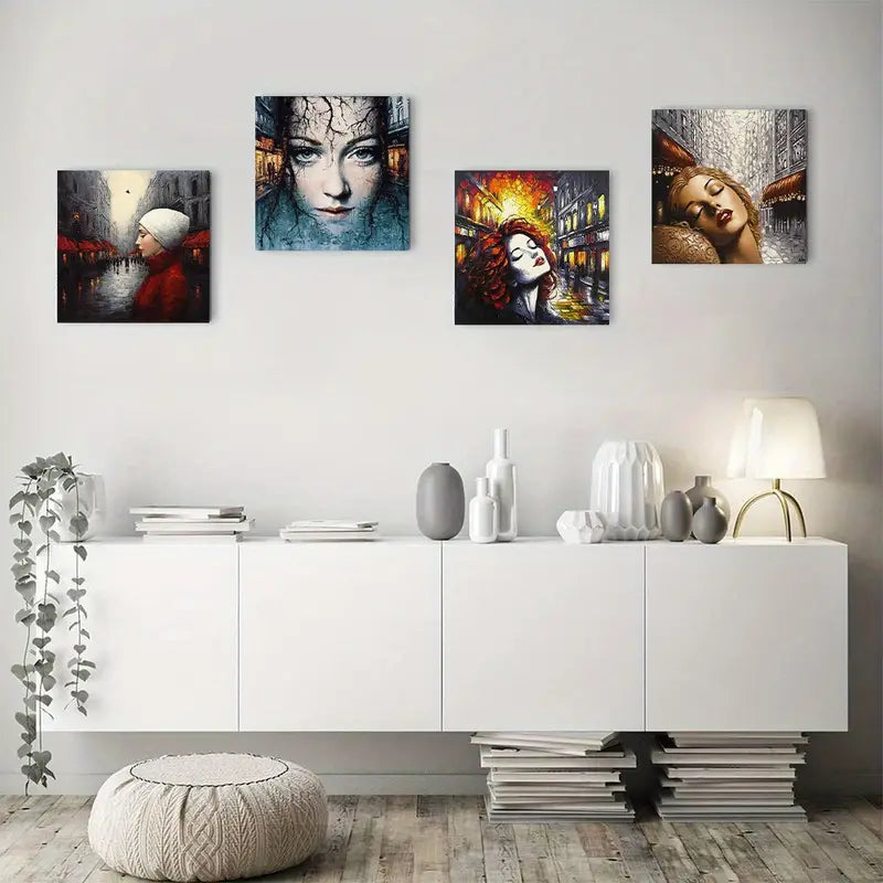 4pcs Street View City Prints Ar Picture Wall Art Canvas Framed