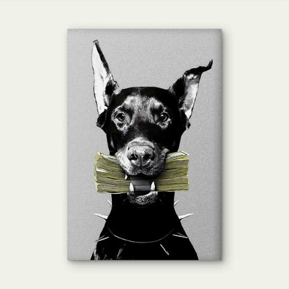 Doberman Spiked Collar Cash Money Stack 40x60cm Metal Print Ready to Hang