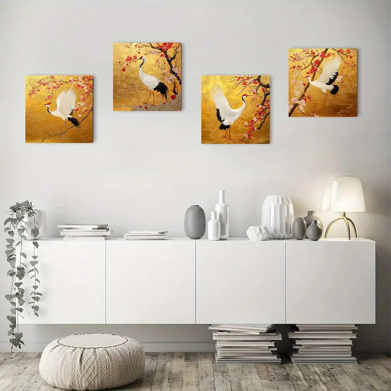 4pcs River Bank Peony The Red Crowned Crane Wall Art Canvas Framed
