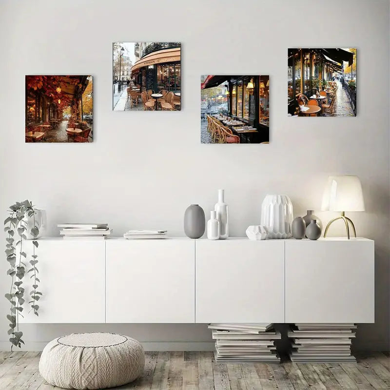 4pcs Autumnal Street Cafe Wall Art Canvas Framed