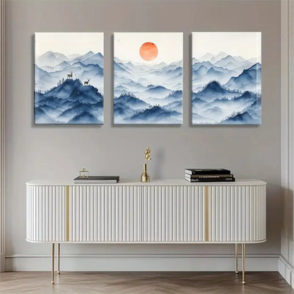 3pcs Blue Mountain Scene with Deer and Sunset Metal Print Ready to Hang Art