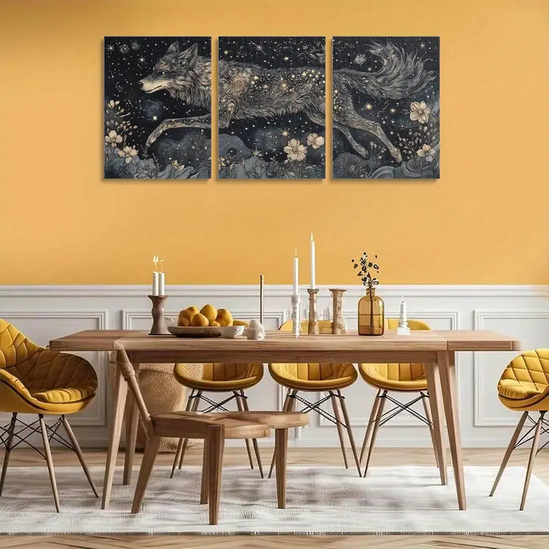 3pcs Watercolor celestial wolf with stars for fur Painting Metal Print Ready to Hang Art