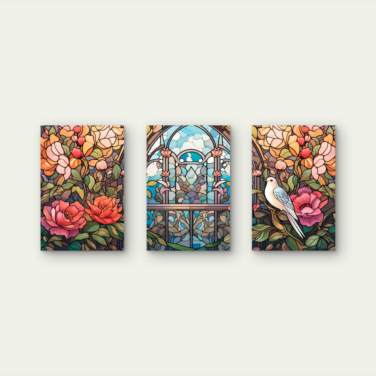 3pcs White Bird Floral Arched Window Metal Print Ready to Hang Art