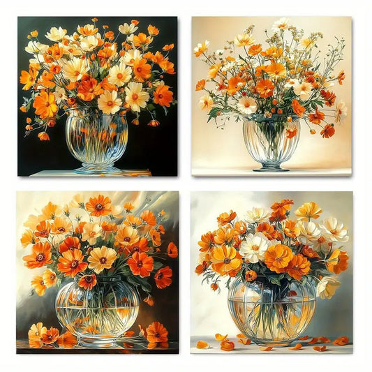 4pcs Vibrant Orange & White Bouquet Wall Art Canvas Framed