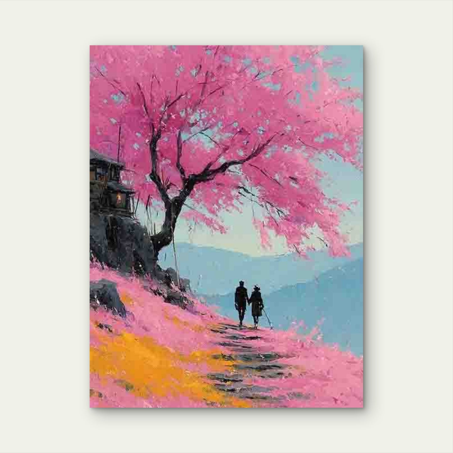 Couple Walking Through Pink Floral Meadow 60x90cm Metal Print Ready to Hang