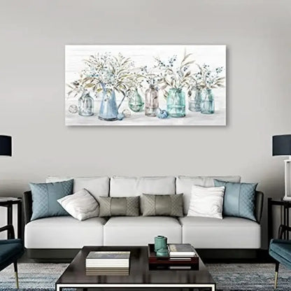 Vintage Indigo Floral Rustic Botanical Blue Flowers & Glass Vases Wall Art canvas office home room framed 120x60cm