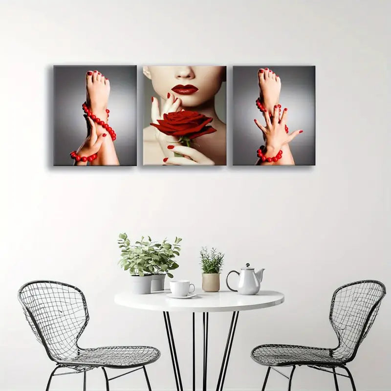 3pcs Beauty Portrait With Red Rose & Lips Design Metal Print Ready to Hang Art