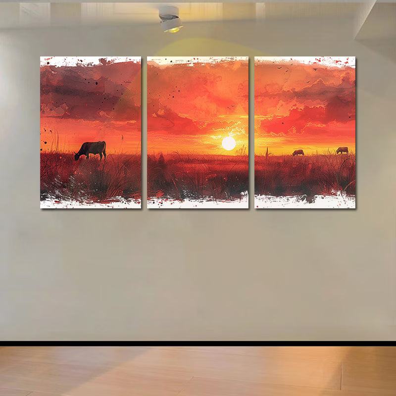 3pcs Charming Sunset Cows & Sheep Wall Art Set Canvas Framed 40x60cm - High Quality Print 100% Australian Made Wall Canvas Ready to Hang