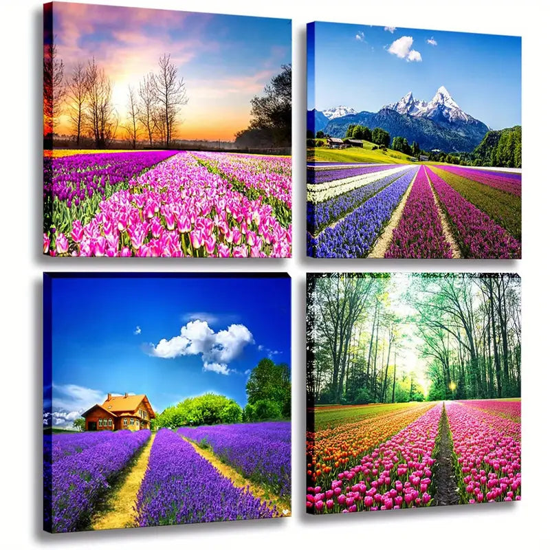4pcs Vibrant Tulip Fields & Mountain Scenery Wall Art Canvas Framed