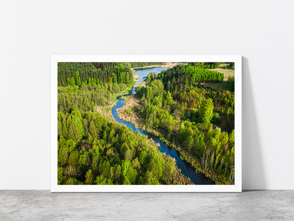 Green Forest & River In Summer Glass Framed Wall Art, Ready to Hang Quality Print Without White Border White