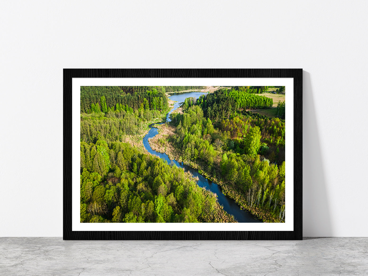 Green Forest & River In Summer Glass Framed Wall Art, Ready to Hang Quality Print With White Border Black