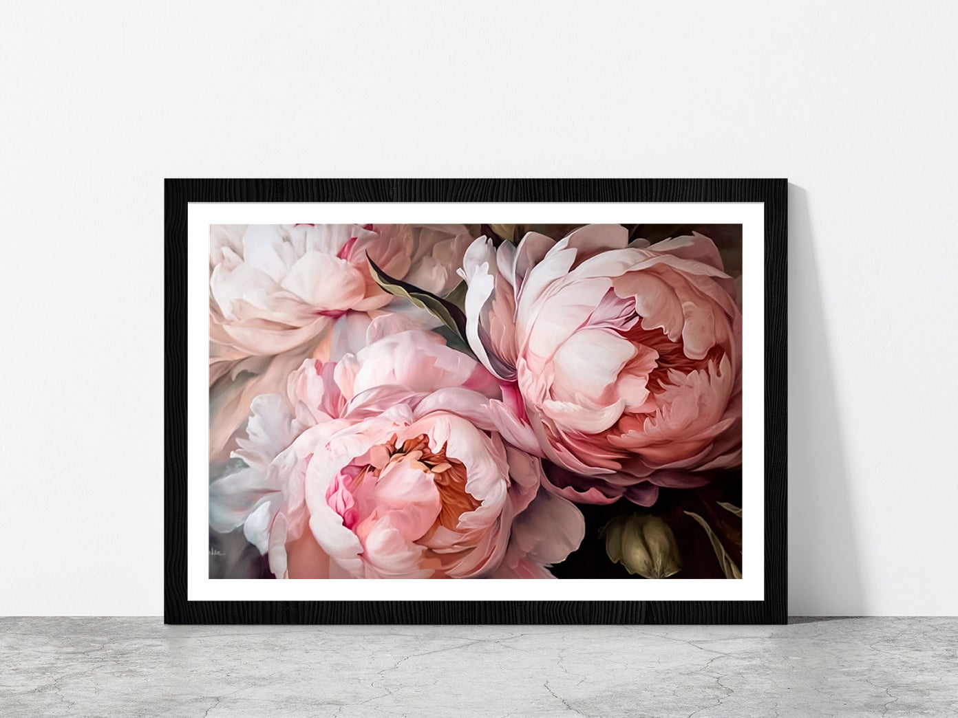 Pink Peony Flowers Bouquet Glass Framed Wall Art, Ready to Hang Quality Print With White Border Black