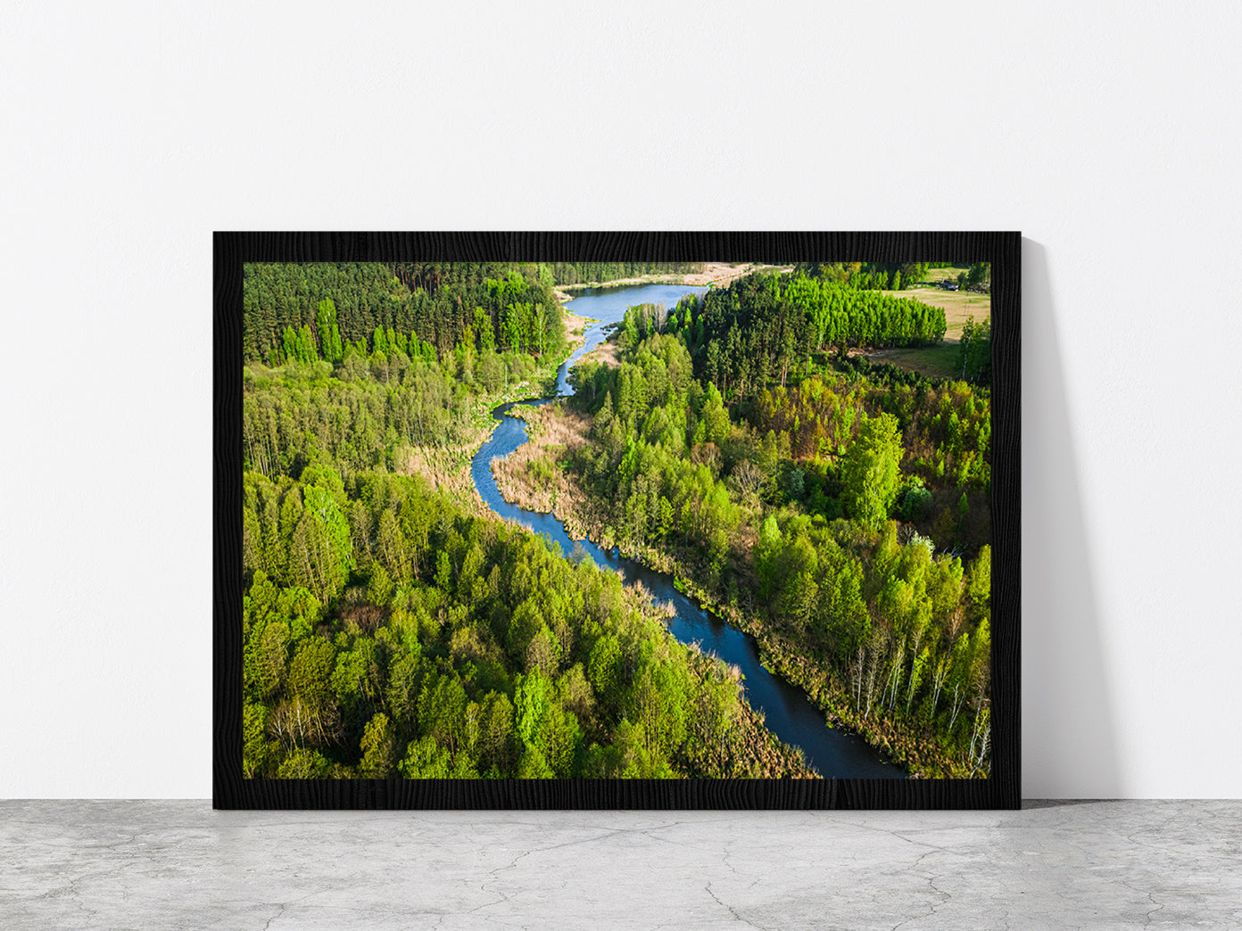 Green Forest & River In Summer Glass Framed Wall Art, Ready to Hang Quality Print Without White Border Black