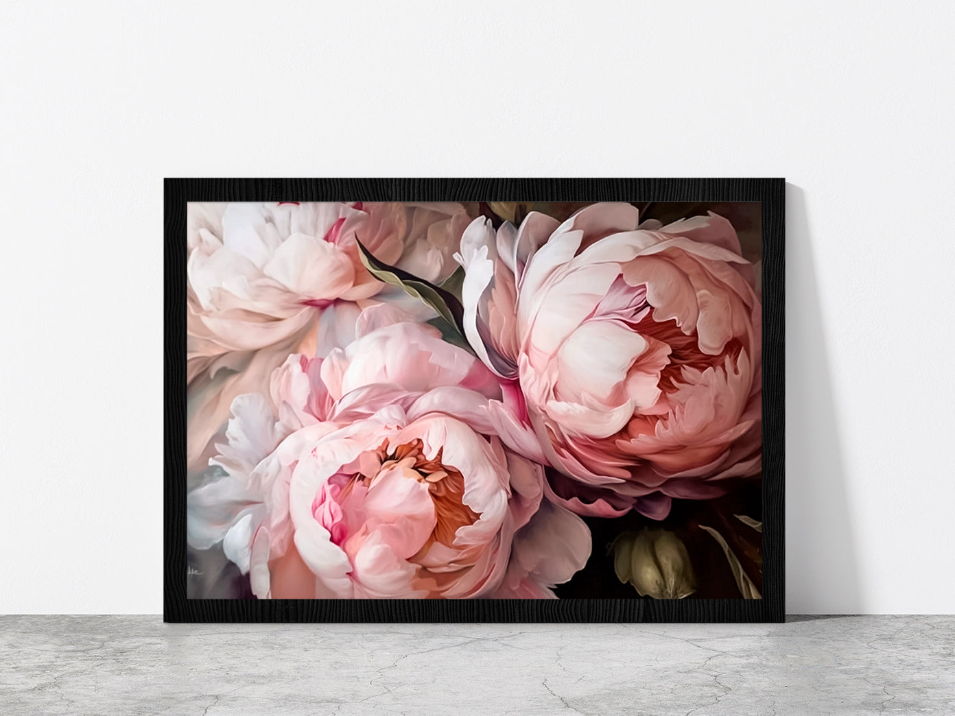 Pink Peony Flowers Bouquet Glass Framed Wall Art, Ready to Hang Quality Print Without White Border Black