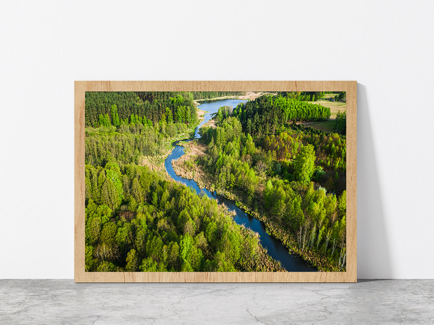 Green Forest & River In Summer Glass Framed Wall Art, Ready to Hang Quality Print Without White Border Oak