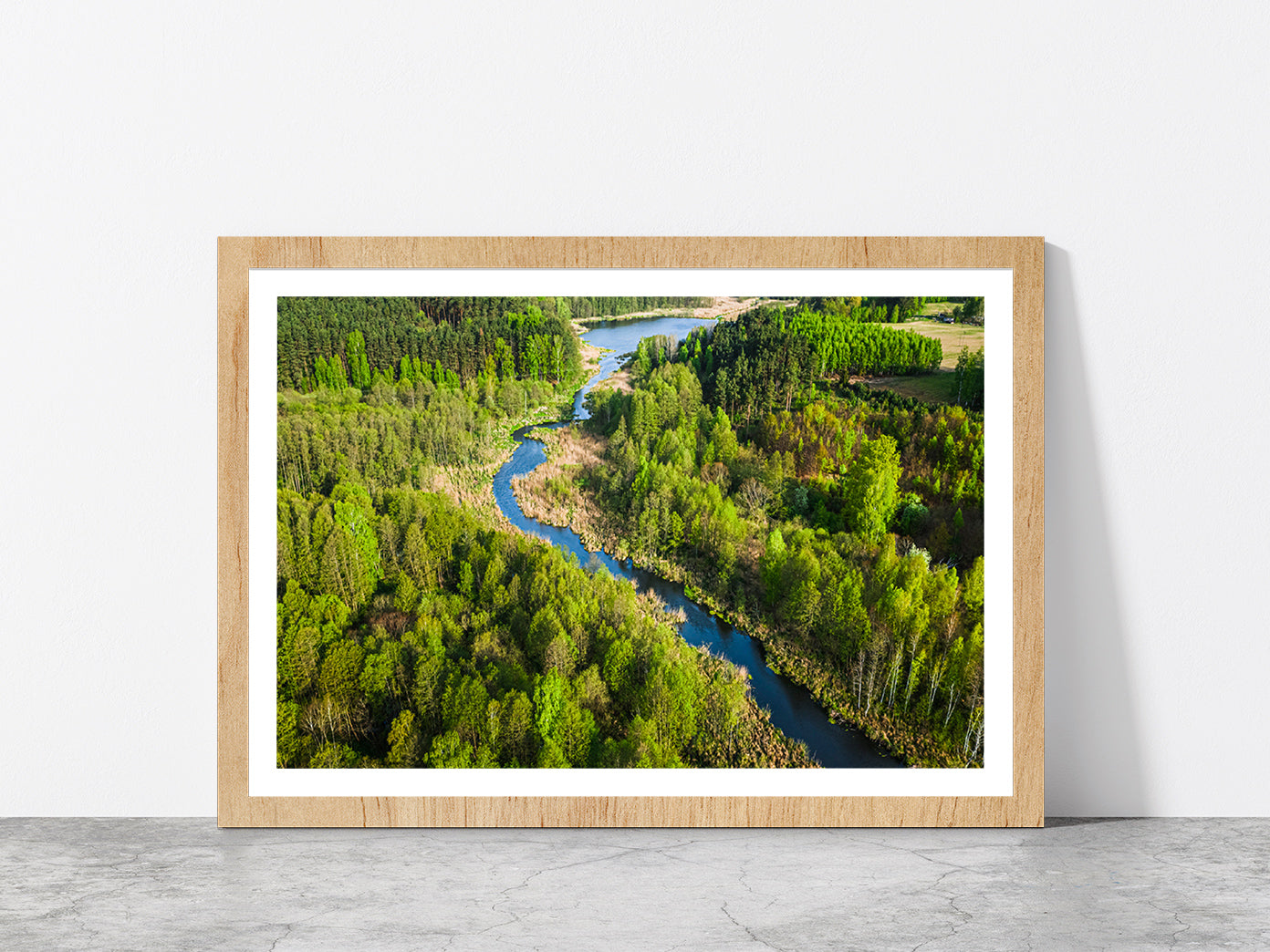 Green Forest & River In Summer Glass Framed Wall Art, Ready to Hang Quality Print With White Border Oak