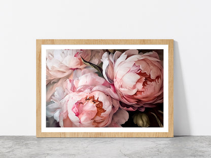 Pink Peony Flowers Bouquet Glass Framed Wall Art, Ready to Hang Quality Print With White Border Oak