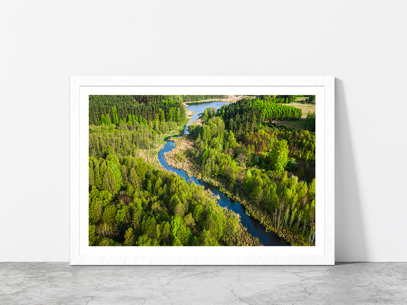 Green Forest & River In Summer Glass Framed Wall Art, Ready to Hang Quality Print With White Border White