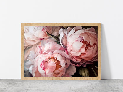 Pink Peony Flowers Bouquet Glass Framed Wall Art, Ready to Hang Quality Print Without White Border Oak