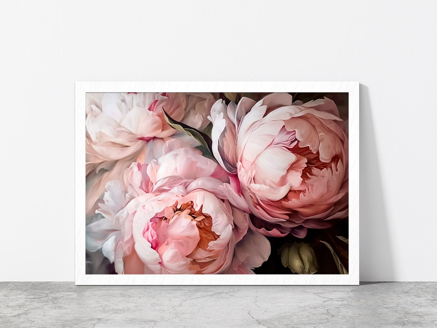 Pink Peony Flowers Bouquet Glass Framed Wall Art, Ready to Hang Quality Print Without White Border White