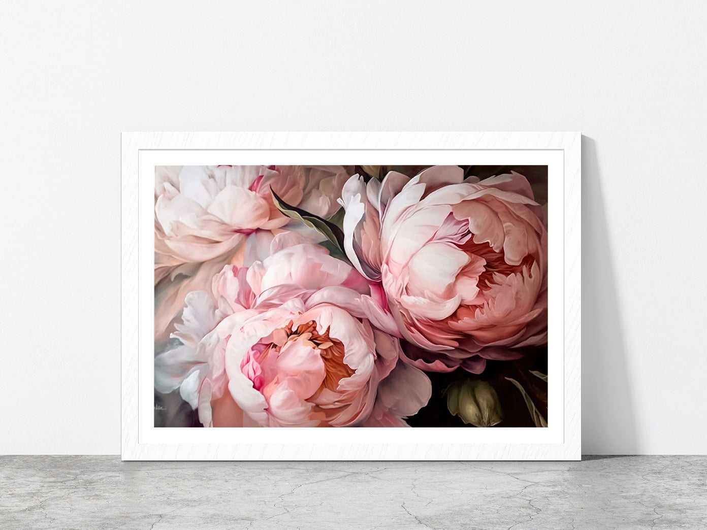 Pink Peony Flowers Bouquet Glass Framed Wall Art, Ready to Hang Quality Print With White Border White