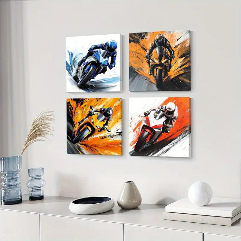4pcs Speed   Racing Motorcycle Paintings  Wall Art Canvas Framed