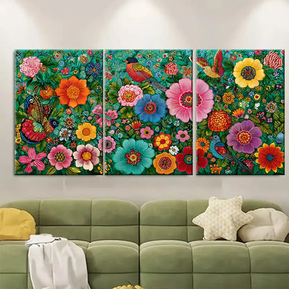 3pcs Vibrant Peruvian Folk Art Floral Bird Wall Art Set Canvas Framed 60x90cm - High Quality Print 100% Australian Made Wall Canvas Ready to Hang