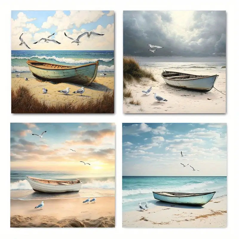 4pcs Serene Beach & Boat Scenes With Seagull Wall Art Canvas Framed