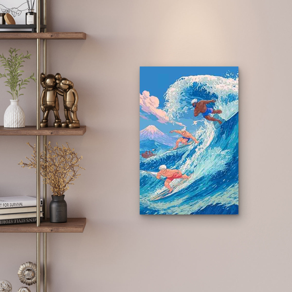 Surfing Wave Art Print with Surfers, Ocean Waves Metal Print Ready to Hang