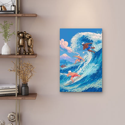 Surfing Wave Art Print with Surfers, Ocean Waves Metal Print Ready to Hang