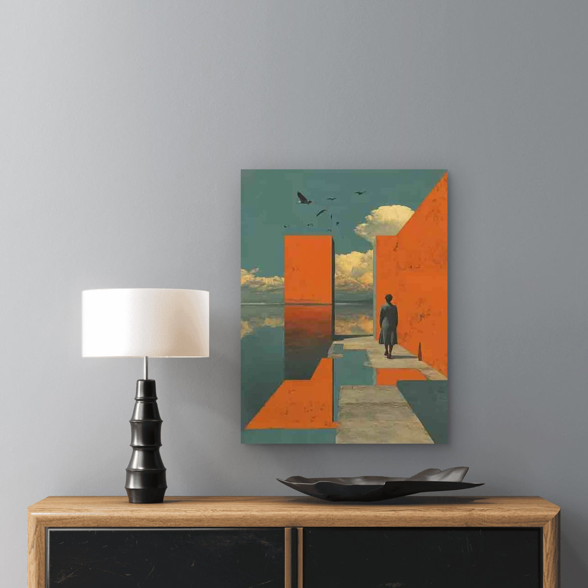 Blue & Burnt Orange Abstract Metal Print Ready to Hang