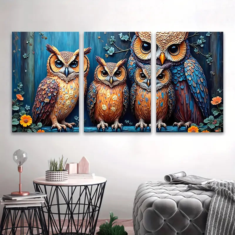 3pcs Owl Animal Painting Nature Theme Wall Art Set Canvas Framed 50x70cm - High Quality Print 100% Australian Made Wall Canvas Ready to Hang