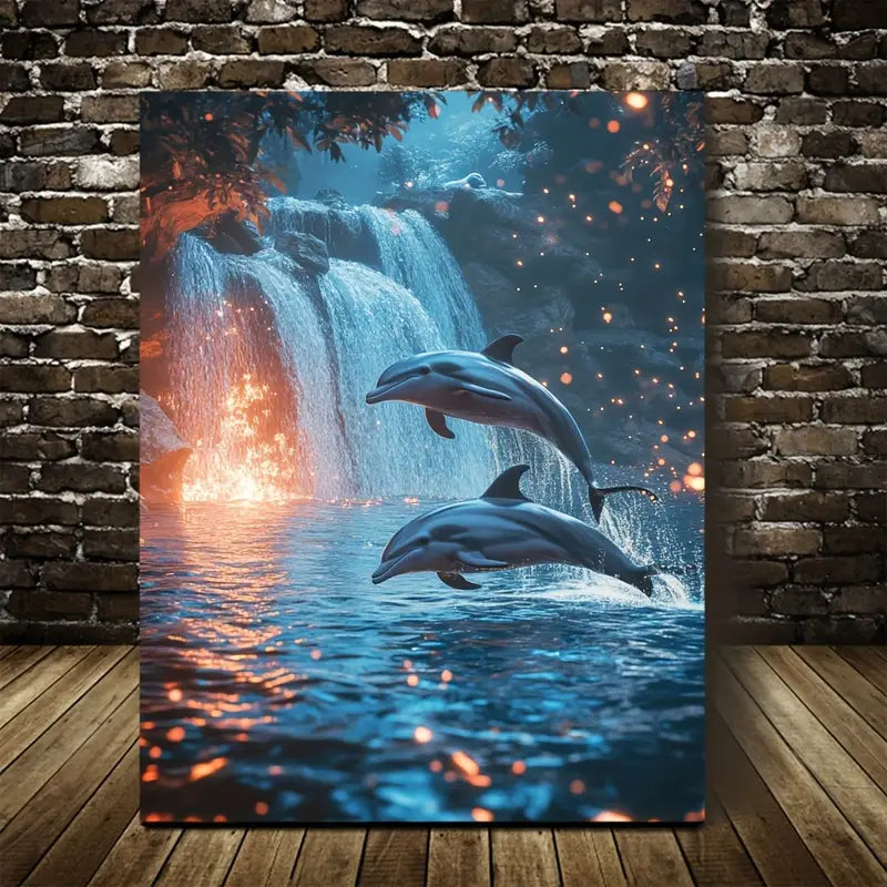 Cyberpunk Dolphin Waterfall Scene with Glowing 40x60cm Metal Print Ready to Hang