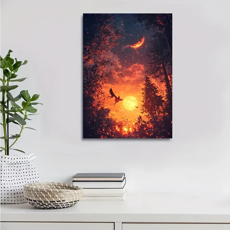 Wolf Swinging From Trees At Glowing Sunset 40x60cm Metal Print Ready to Hang