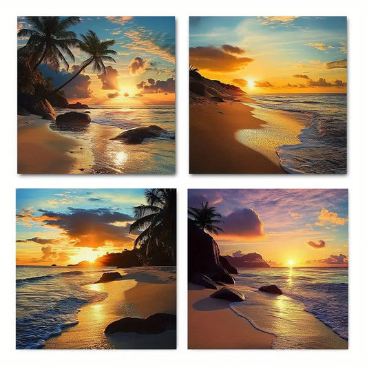 4pcs Sunset Over Tropical Beach With Palm Tree Wall Art Canvas Framed